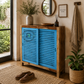 DISTRESSED BLUE LOUVERED WOODEN STORAGE CABINET WITH SLIDING DOORS