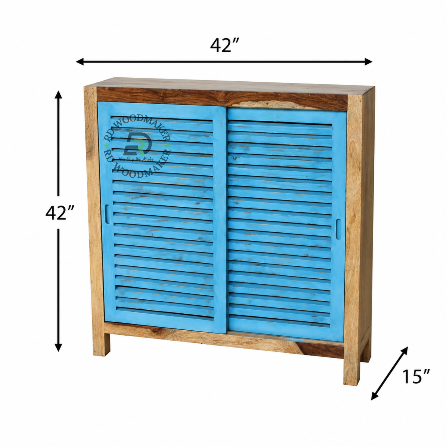 DISTRESSED BLUE LOUVERED WOODEN STORAGE CABINET WITH SLIDING DOORS