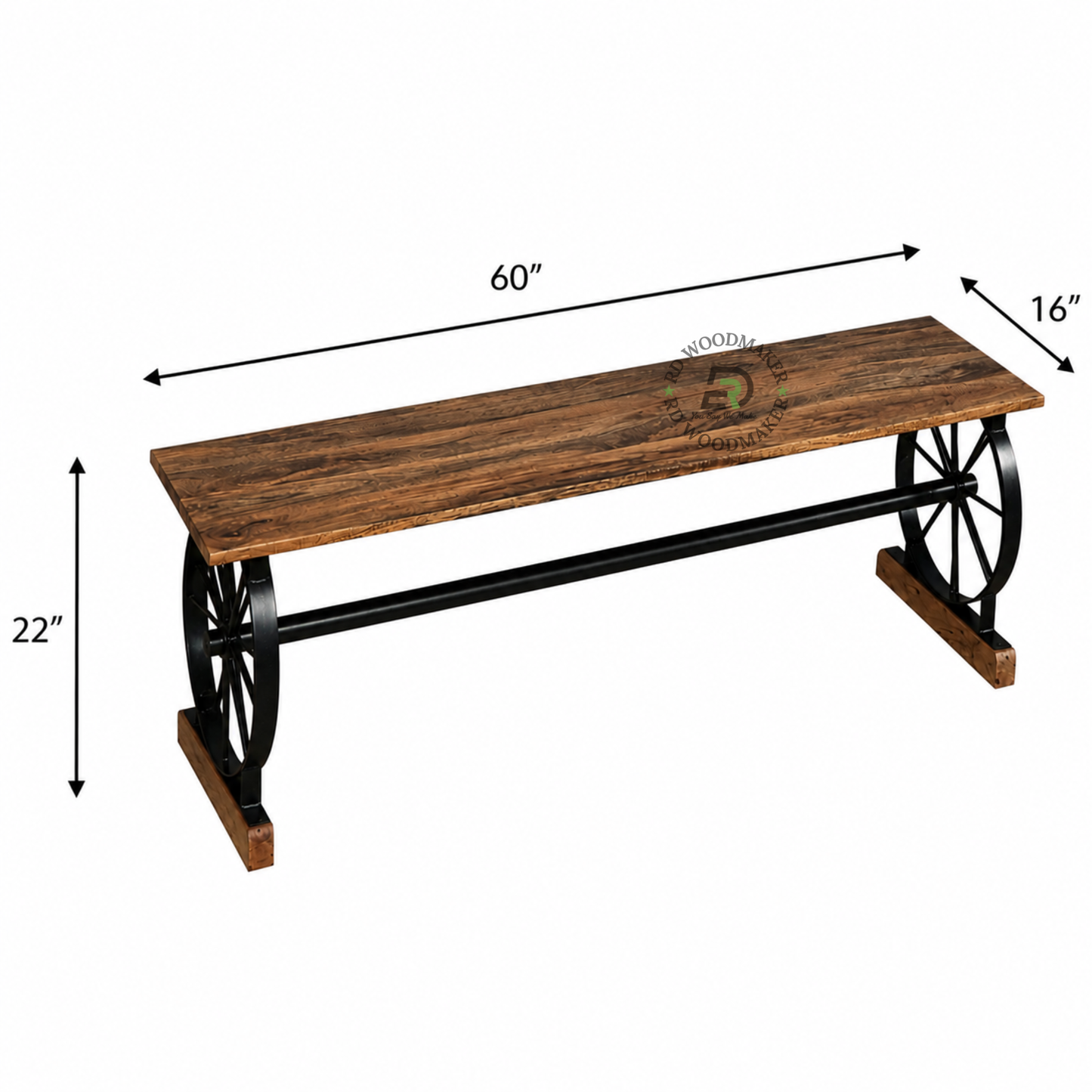 INDUSTRIAL WAGON-WHEEL WOODEN BENCH WITH BLACK METAL FRAME