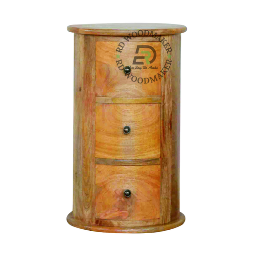 MODERN ROUND SOLID WOOD 3 DRAWER BEDSIDE TABLE
