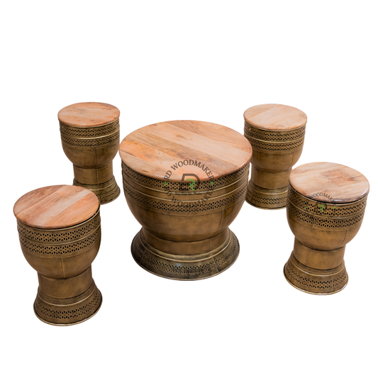 INDUSTRIAL METAL & SOLID WOOD COFFEE TABLE SET WITH STOOLS
