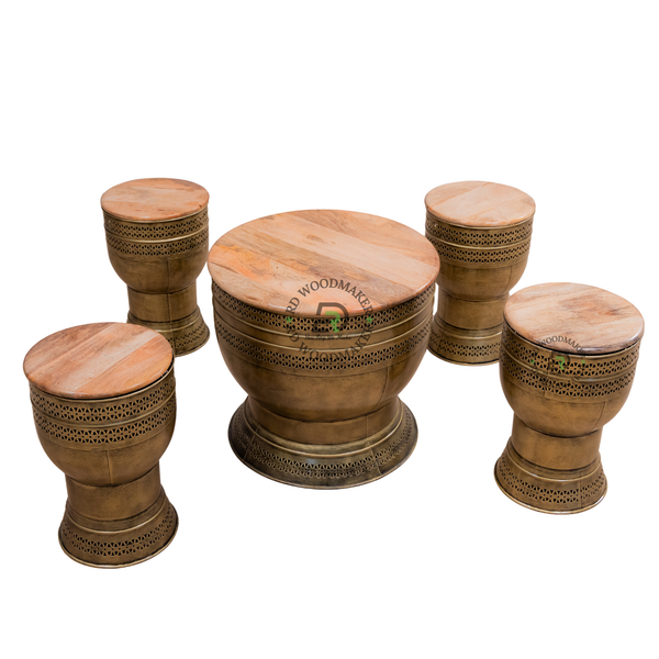 INDUSTRIAL METAL & SOLID WOOD COFFEE TABLE SET WITH STOOLS