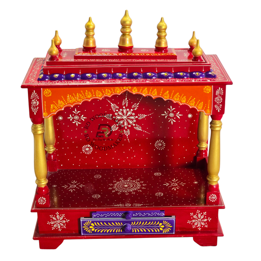 PREMIUM HAND-PAINTED RED WOODEN HOME TEMPLE WITH OPEN SHRINE & DOUBLE STORAGE DRAWERS
