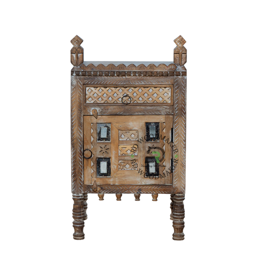 HERITAGE HANDCARVED SOLID WOOD BEDSIDE TABLE