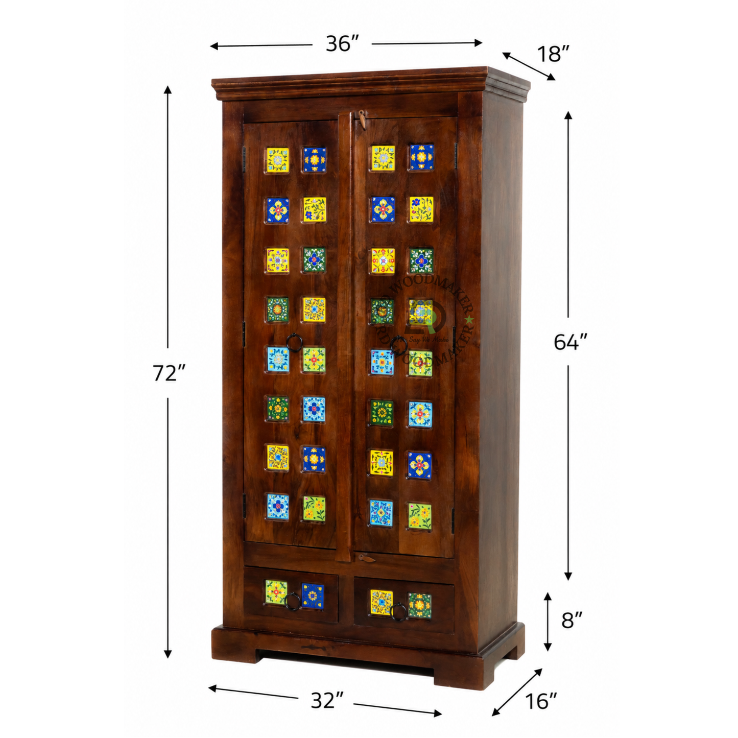 ROYAL MOSAIC SOLID WOOD 2 DOOR WARDROBE WITH HANDCRAFTED TILE DESIGN