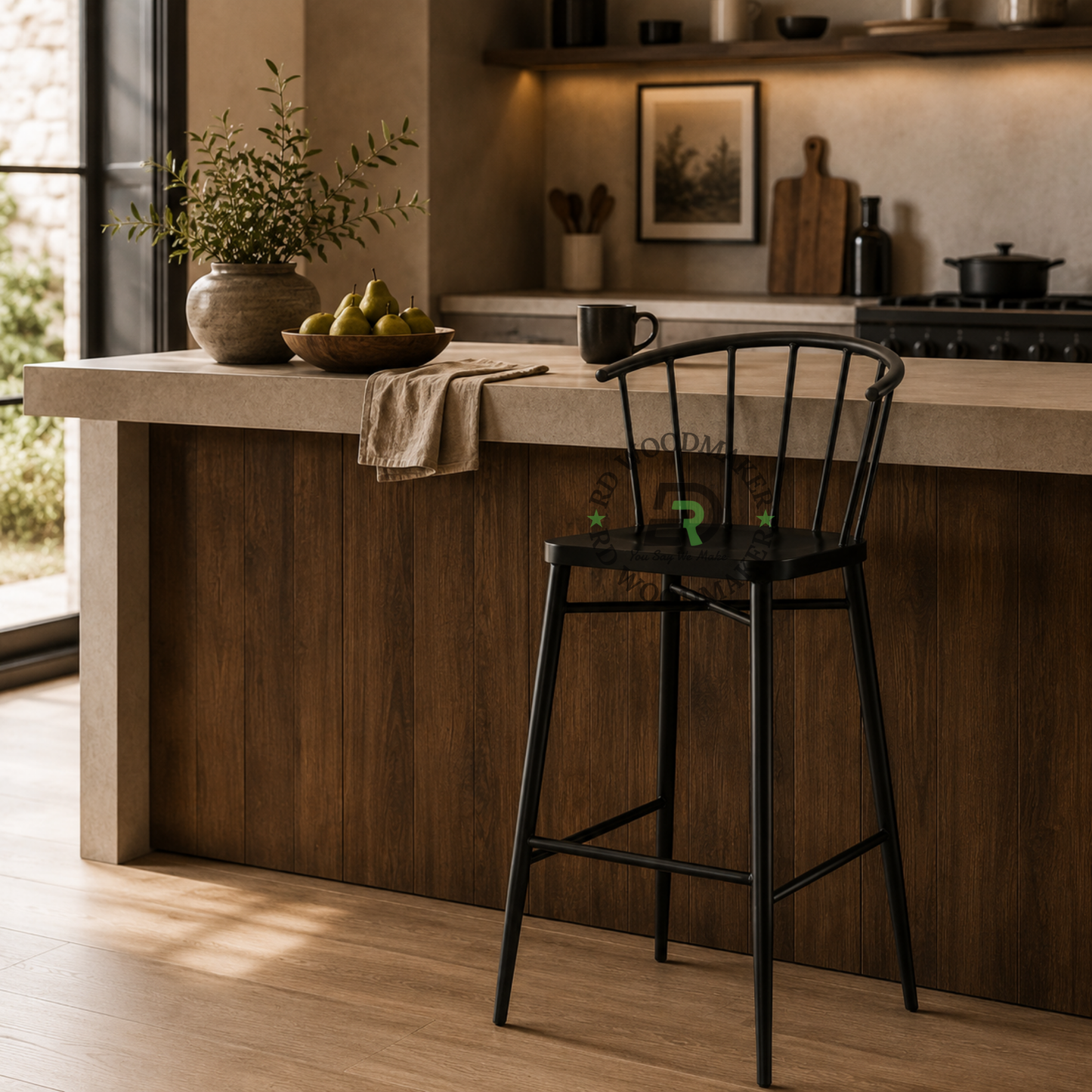 BLACK METAL SPINDLE-BACK BAR STOOL WITH CURVED BACKREST