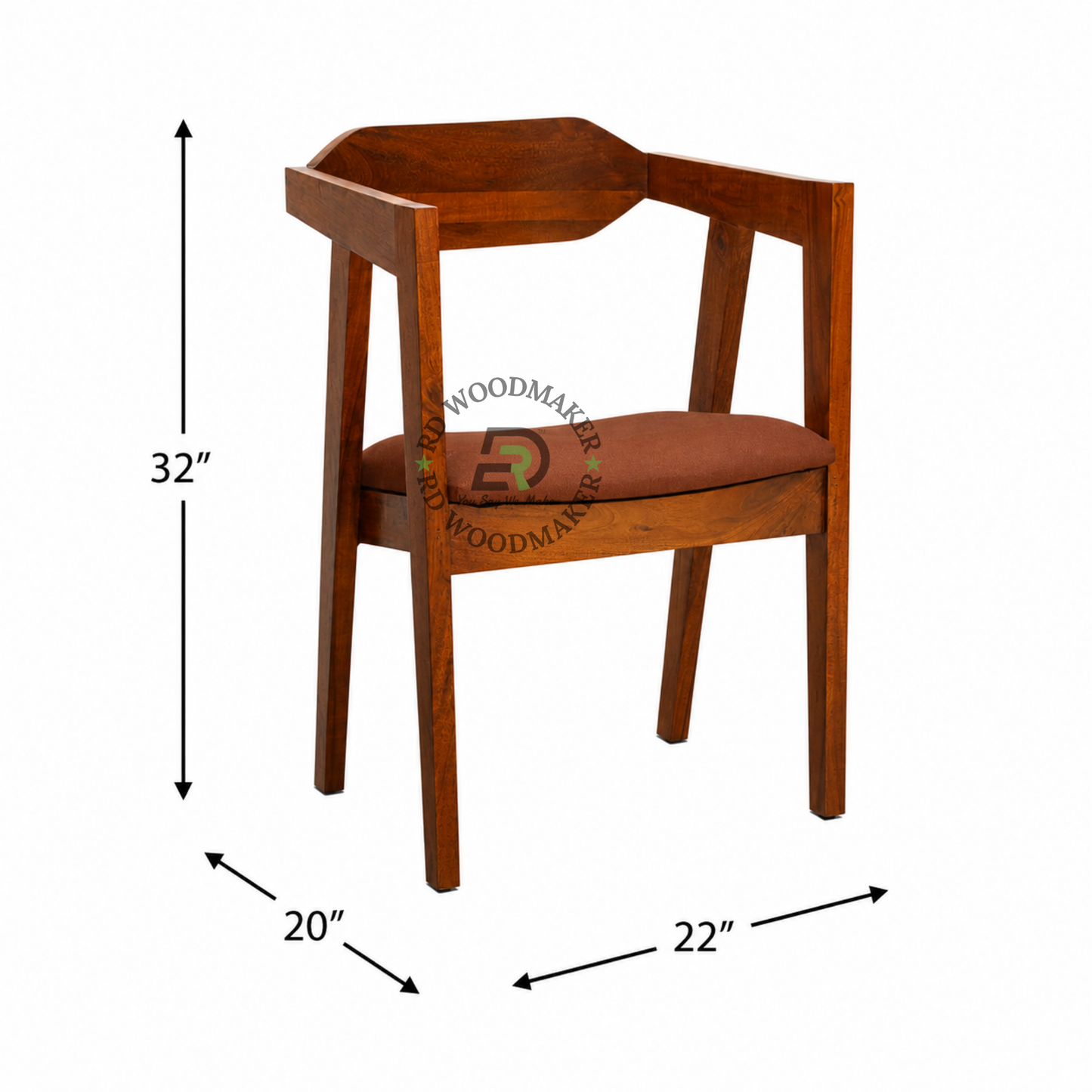 MODERN WOODEN DINING ARMCHAIR WITH CURVED BACK & RUST CUSHION