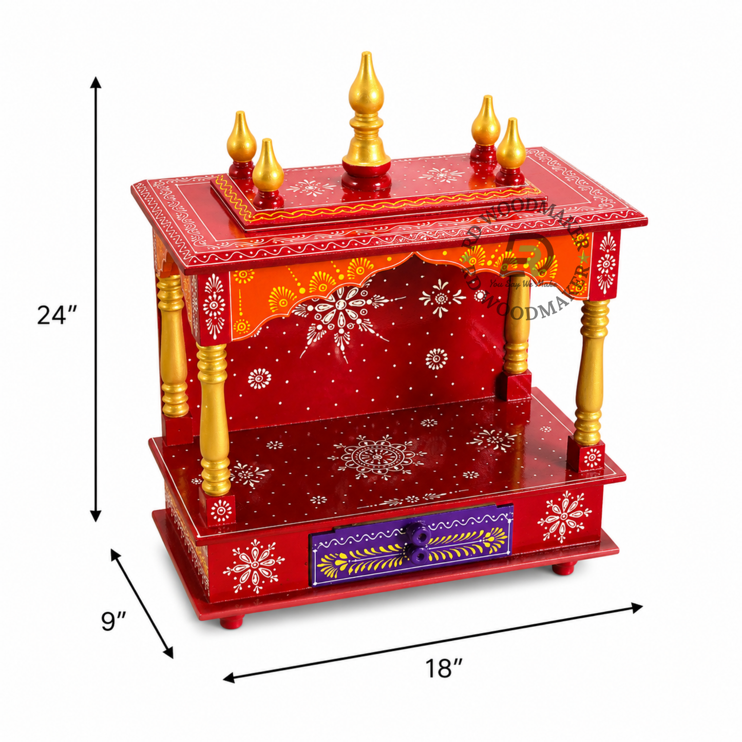 PREMIUM HAND-PAINTED RED WOODEN HOME TEMPLE WITH TRADITIONAL OPEN SHRINE & DOUBLE DRAWERS