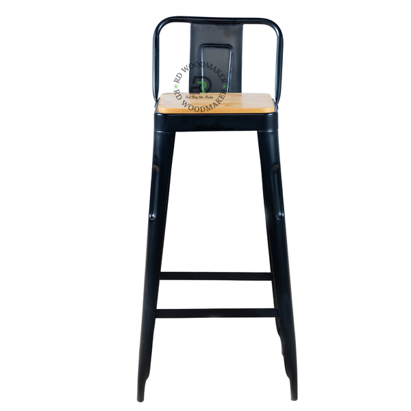 PREMIUM BLACK INDUSTRIAL BAR STOOL WITH NATURAL WOODEN SEAT