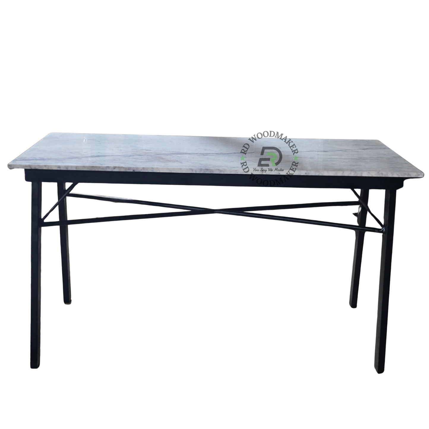 RECTANGULAR WHITE MARBLE-TOP DINING TABLE WITH CROSS-BRACED METAL FRAME