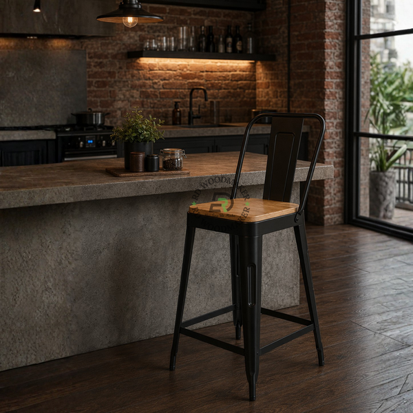 PREMIUM BLACK INDUSTRIAL BAR STOOL WITH NATURAL WOODEN SEAT