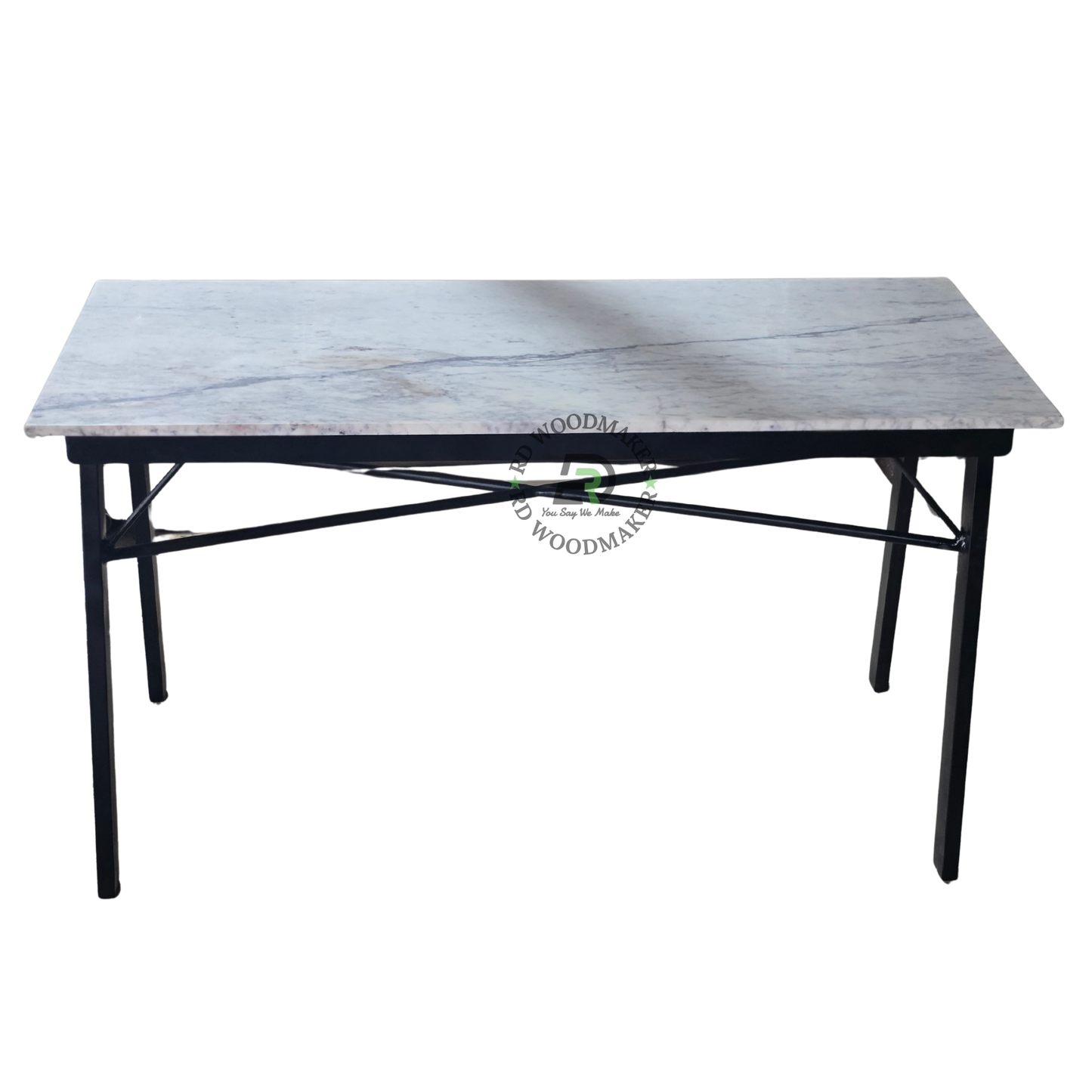 RECTANGULAR WHITE MARBLE-TOP DINING TABLE WITH CROSS-BRACED METAL FRAME