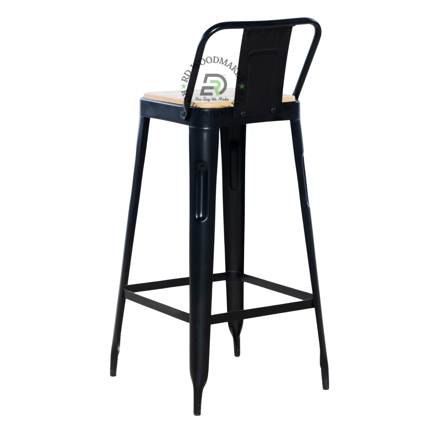 PREMIUM BLACK INDUSTRIAL BAR STOOL WITH NATURAL WOODEN SEAT