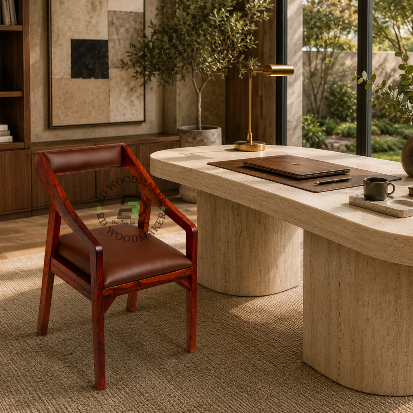 CONTEMPORARY BROWN UPHOLSTERED WOODEN DINING ARMCHAIR