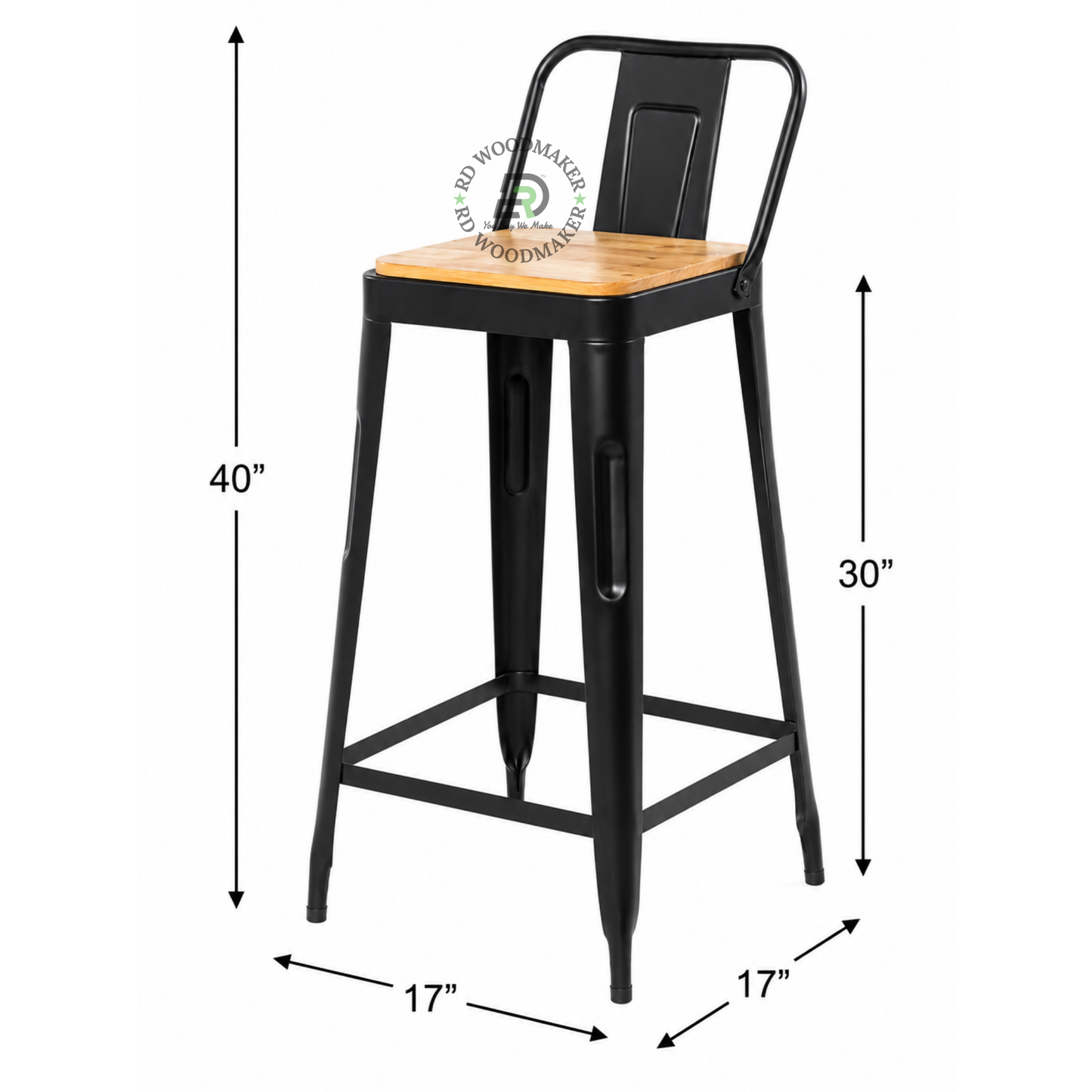 PREMIUM BLACK INDUSTRIAL BAR STOOL WITH NATURAL WOODEN SEAT