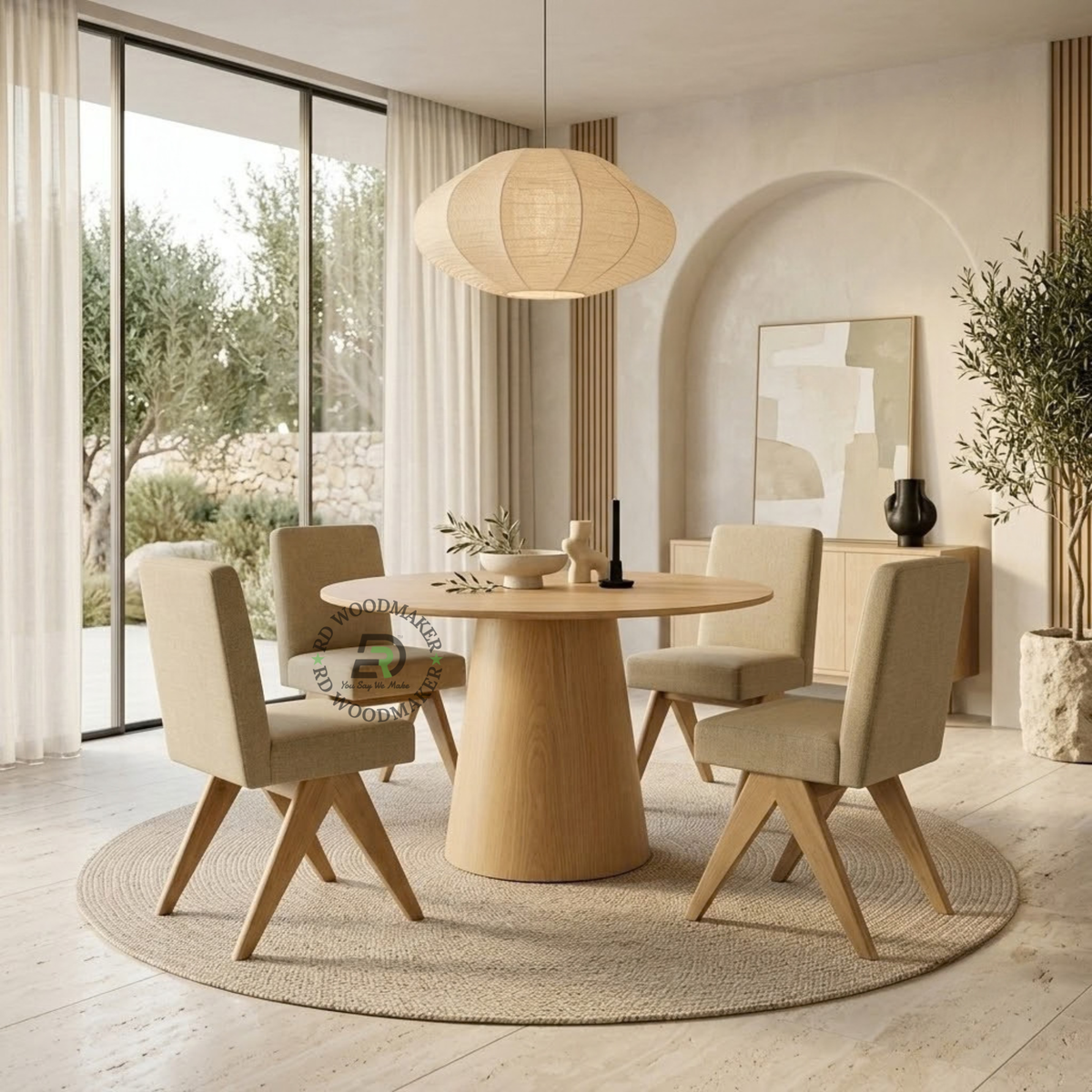 ELARA UPHOLSTERED DINING CHAIR & ROUND WOOD TABLE SET