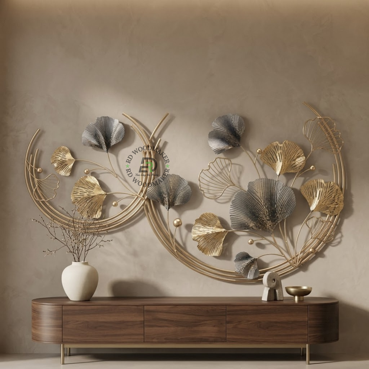 GINKGO BREEZE GOLD & CHARCOAL METAL WALL DECOR
