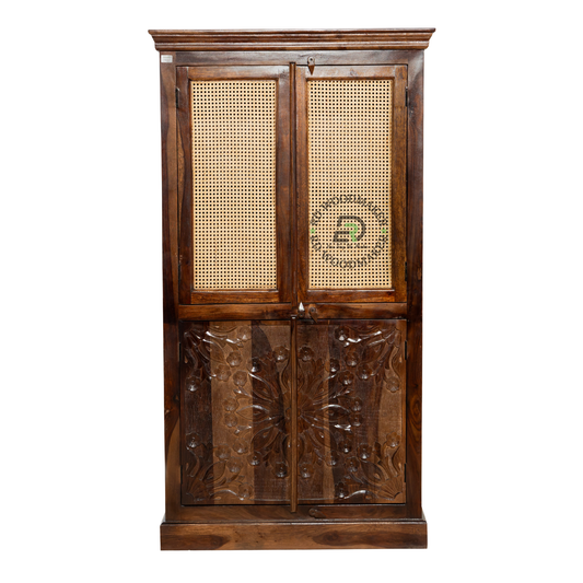 HERITAGE CANE SOLID WOOD 2 DOOR WARDROBE WITH HANDCARVED PANEL