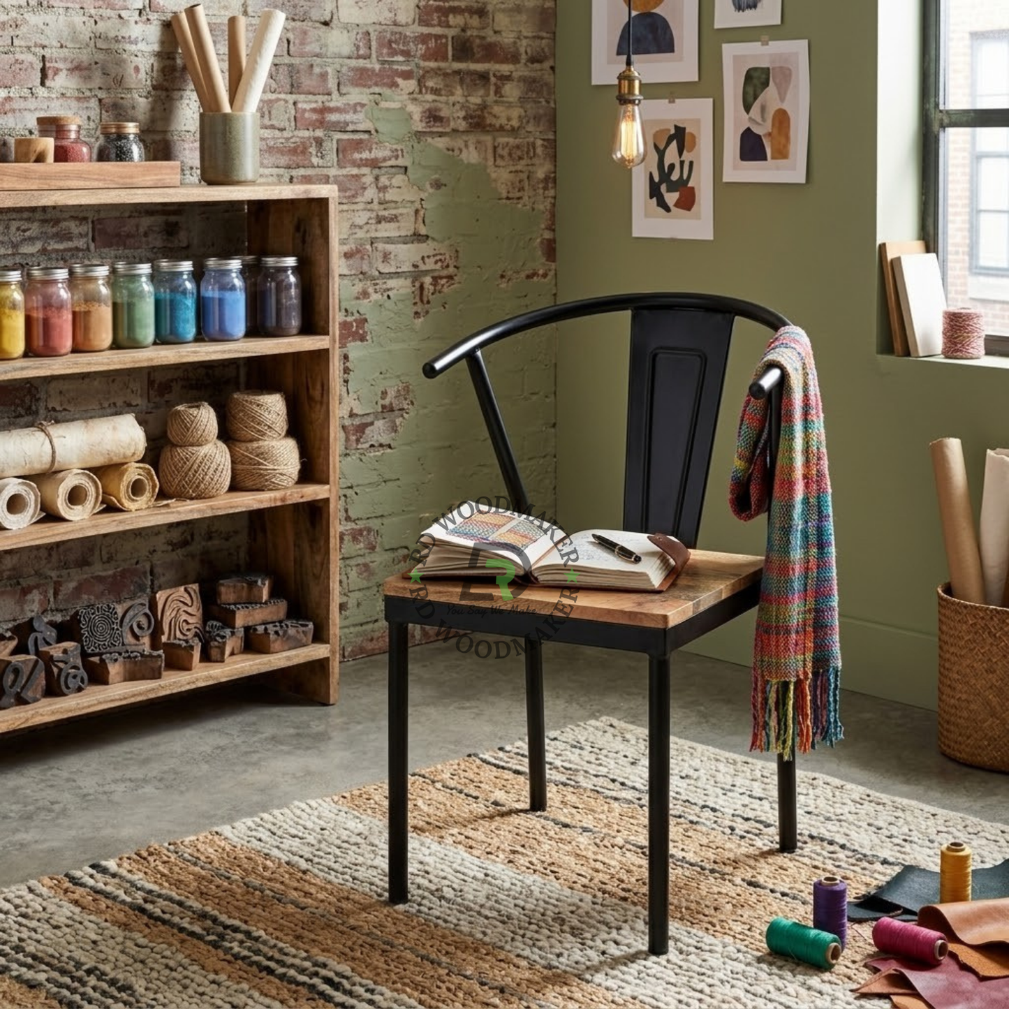 INDUSTRIAL BLACK METAL DINING CHAIR WITH NATURAL WOODEN SEAT