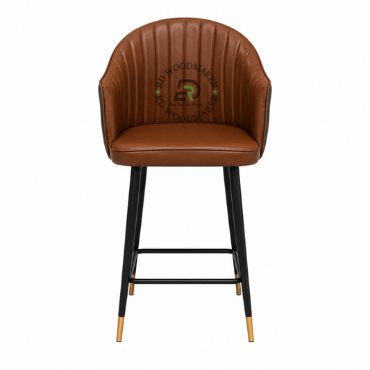 PREMIUM CHANNEL-TUFTED BROWN BAR STOOL WITH BLACK & GOLD METAL LEGS