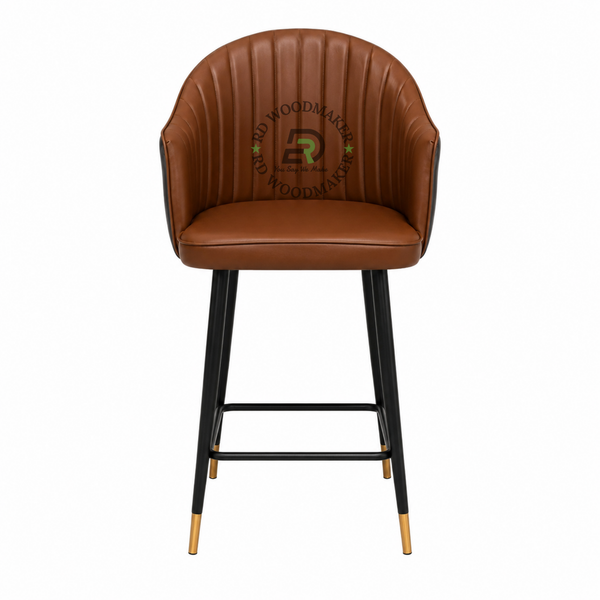 PREMIUM CHANNEL-TUFTED BROWN BAR STOOL WITH BLACK & GOLD METAL LEGS