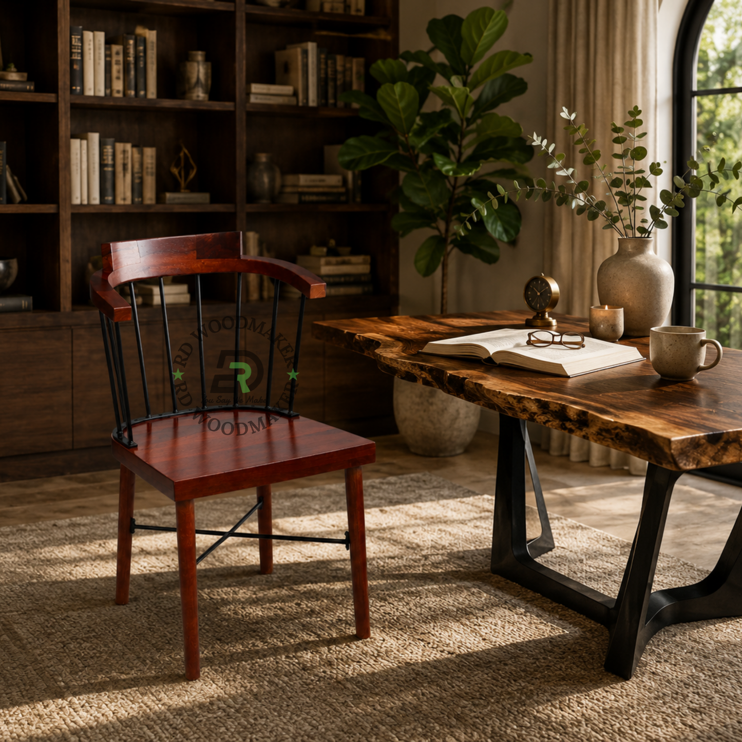INDUSTRIAL SPINDLE BACK WOODEN AND METAL DINING CHAIR