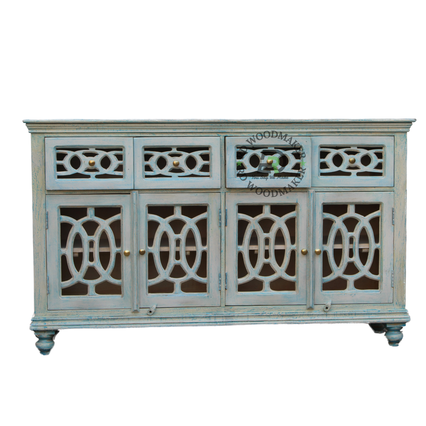 DISTRESSED BLUE WOODEN FOUR-DOOR SIDEBOARD
