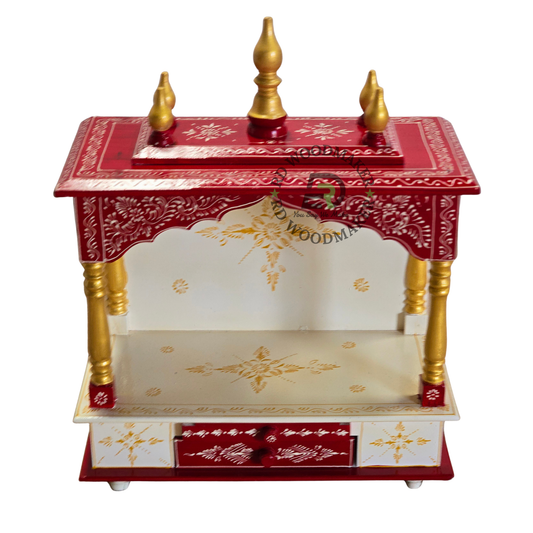 PREMIUM HAND-PAINTED IVORY & RED WOODEN HOME TEMPLE WITH ROYAL OPEN SHRINE & DOUBLE DRAWERS