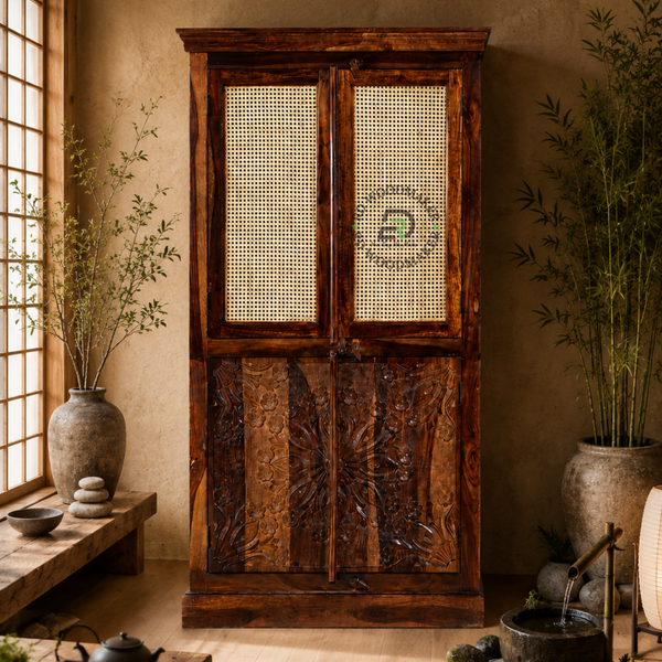 HERITAGE CANE SOLID WOOD 2 DOOR WARDROBE WITH HANDCARVED PANEL
