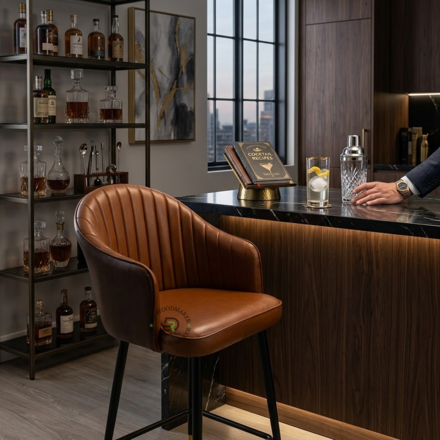 PREMIUM CHANNEL-TUFTED BROWN BAR STOOL WITH BLACK & GOLD METAL LEGS