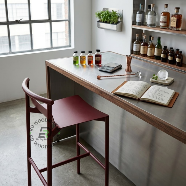 MINIMALIST BURGUNDY METAL BAR STOOL WITH CONTOURED SEAT & FOOTREST