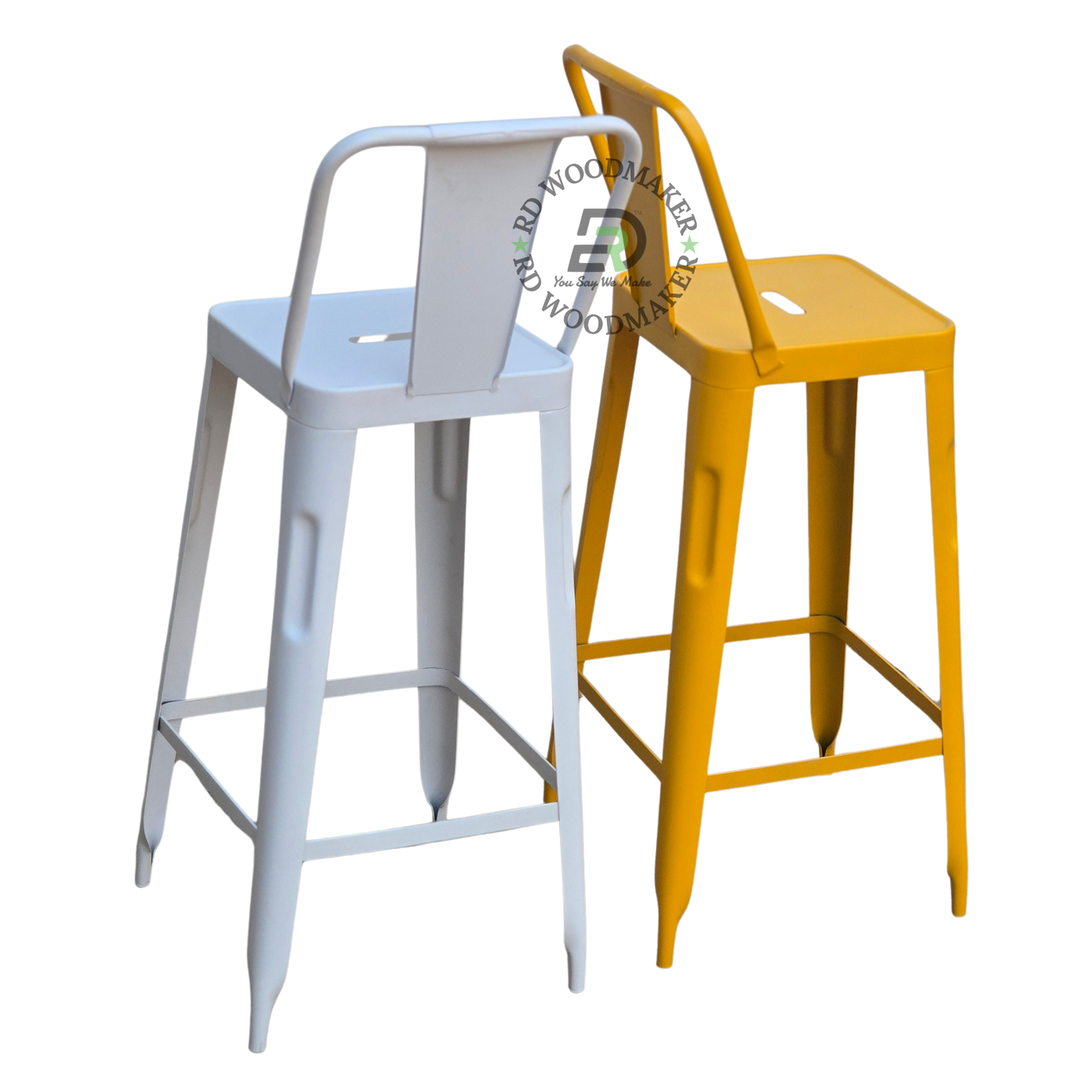 COLORFUL INDUSTRIAL METAL BAR STOOL WITH PADDED SEAT & BACK PANEL