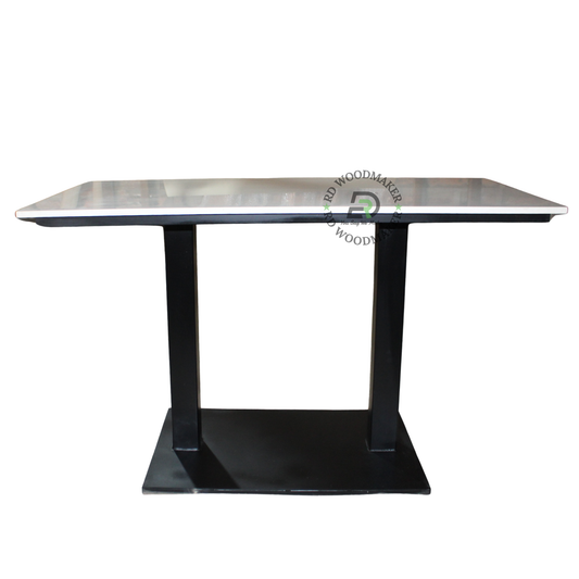 RECTANGULAR WHITE STONE-TOP DINING TABLE WITH DOUBLE COLUMN PLATFORM BASE