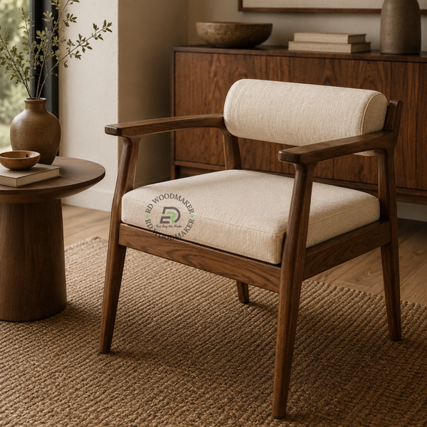 PREMIUM SOLID WOOD ARMCHAIR WITH WHITE UPHOLSTERED SEAT & BACKREST