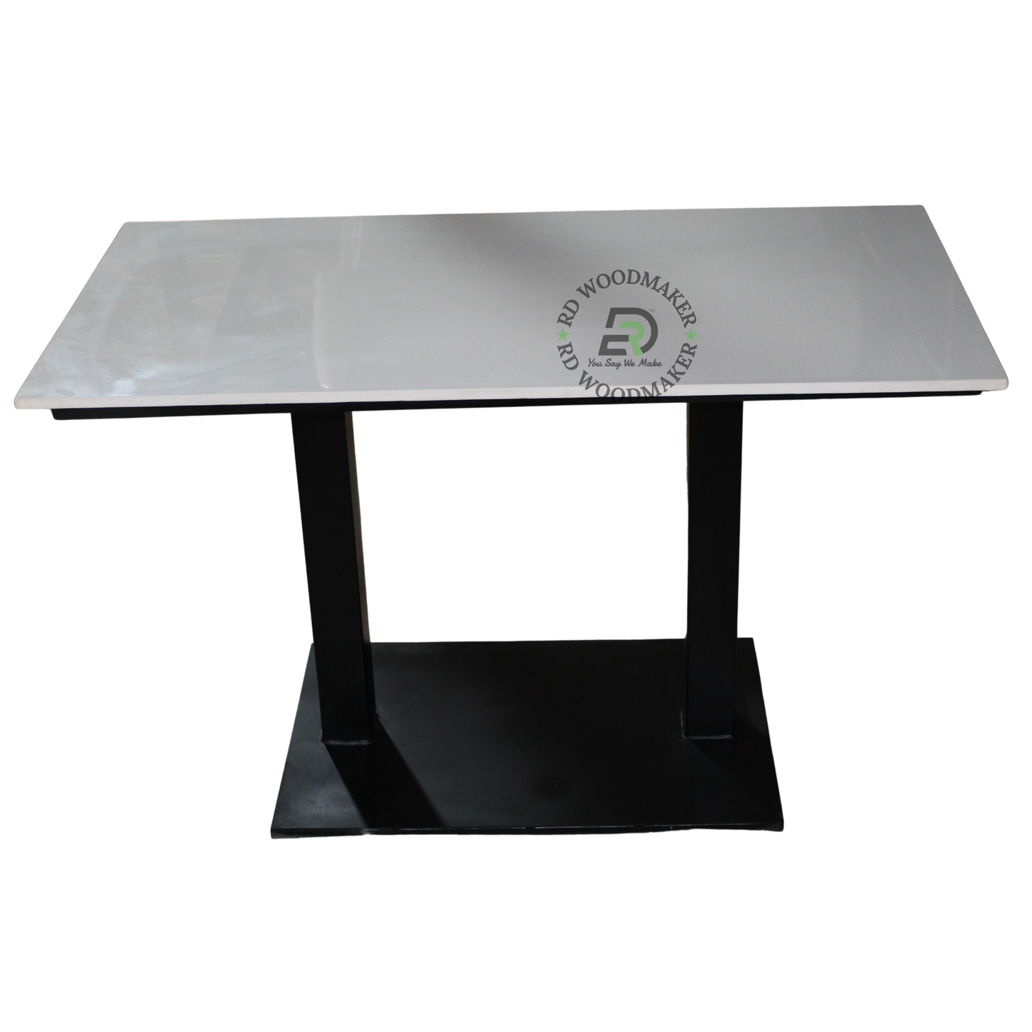 RECTANGULAR WHITE STONE-TOP DINING TABLE WITH DOUBLE COLUMN PLATFORM BASE