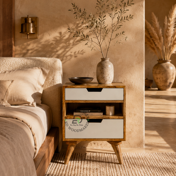 MODERN SOLID WOOD OPEN SHELF BEDSIDE TABLE WITH DRAWERS