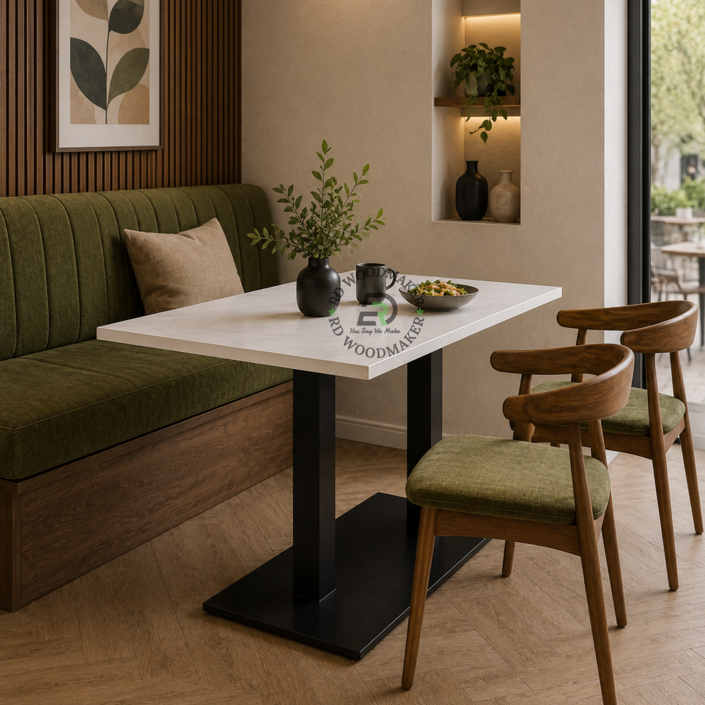 RECTANGULAR WHITE STONE-TOP DINING TABLE WITH DOUBLE COLUMN PLATFORM BASE