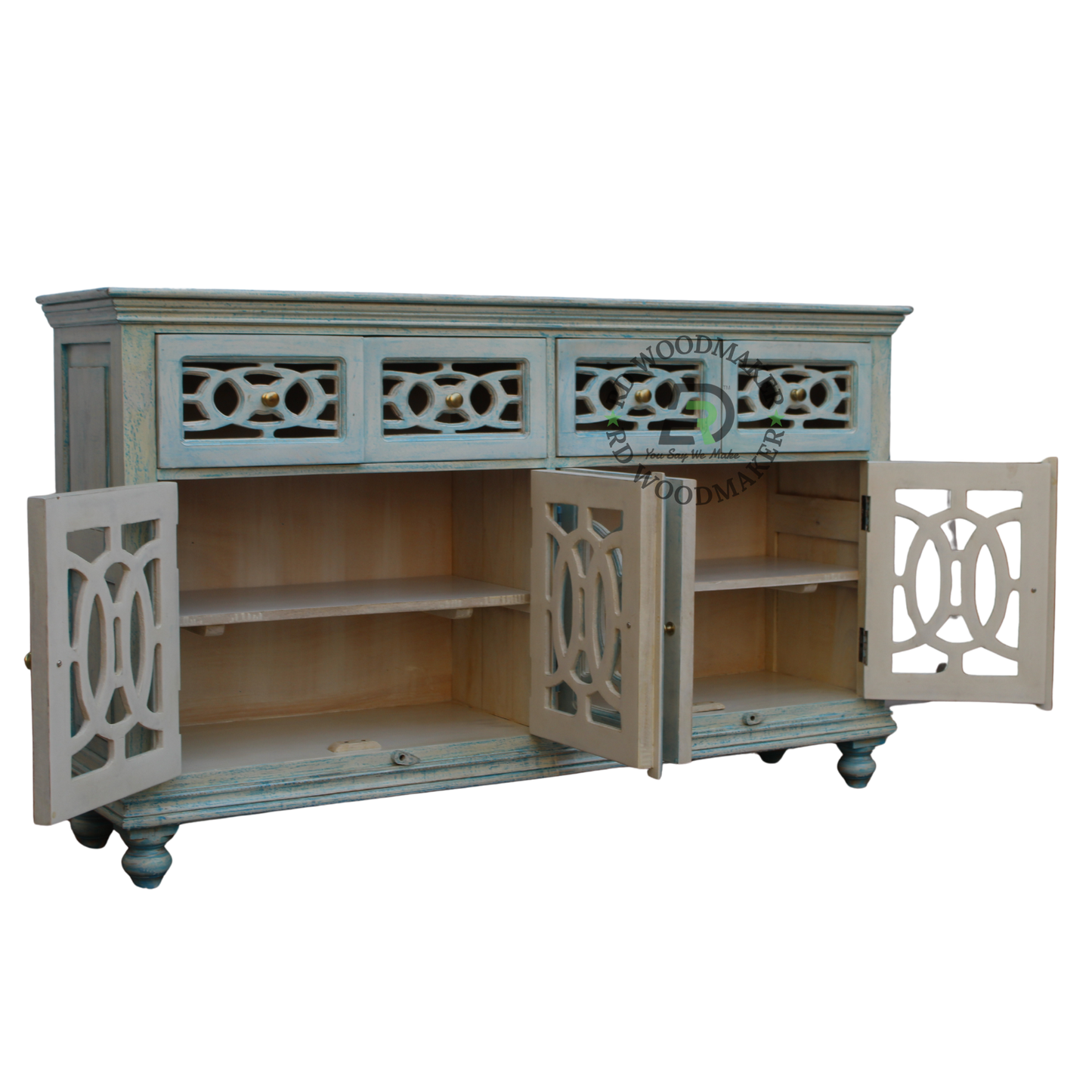 DISTRESSED BLUE WOODEN FOUR-DOOR SIDEBOARD
