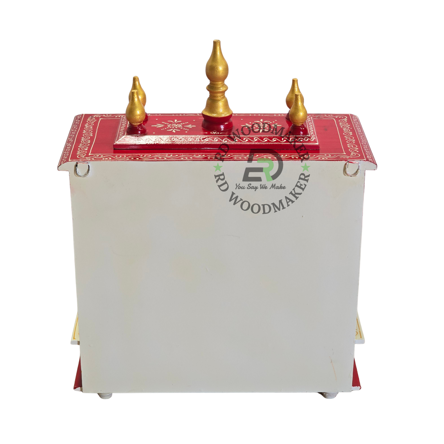 PREMIUM HAND-PAINTED IVORY & RED WOODEN HOME TEMPLE WITH ROYAL OPEN SHRINE & DOUBLE DRAWERS