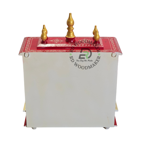 PREMIUM HAND-PAINTED IVORY & RED WOODEN HOME TEMPLE WITH ROYAL OPEN SHRINE & DOUBLE DRAWERS