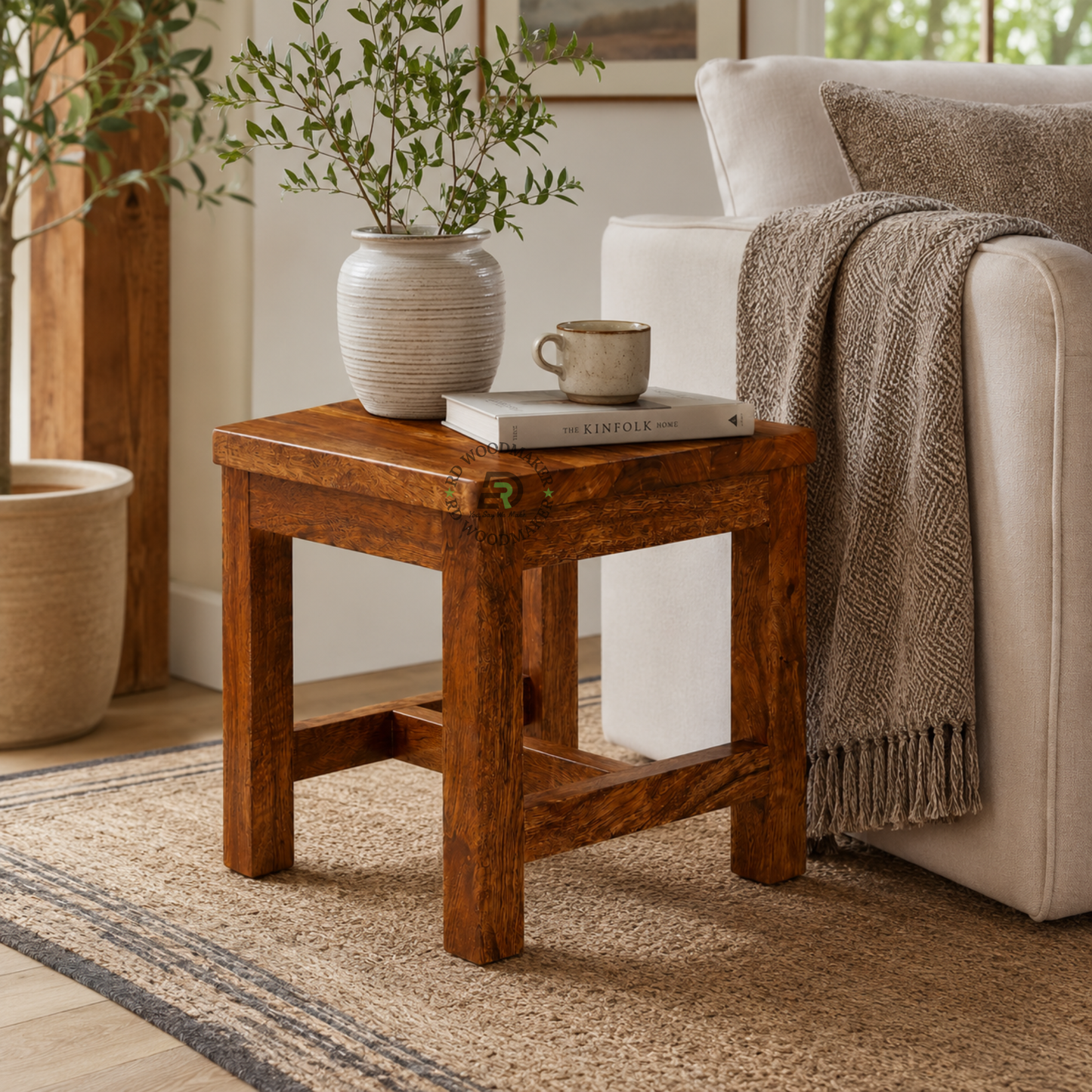 PREMIUM SOLID WOOD COMPACT SQUARE STOOL WITH FOOTREST SUPPORT
