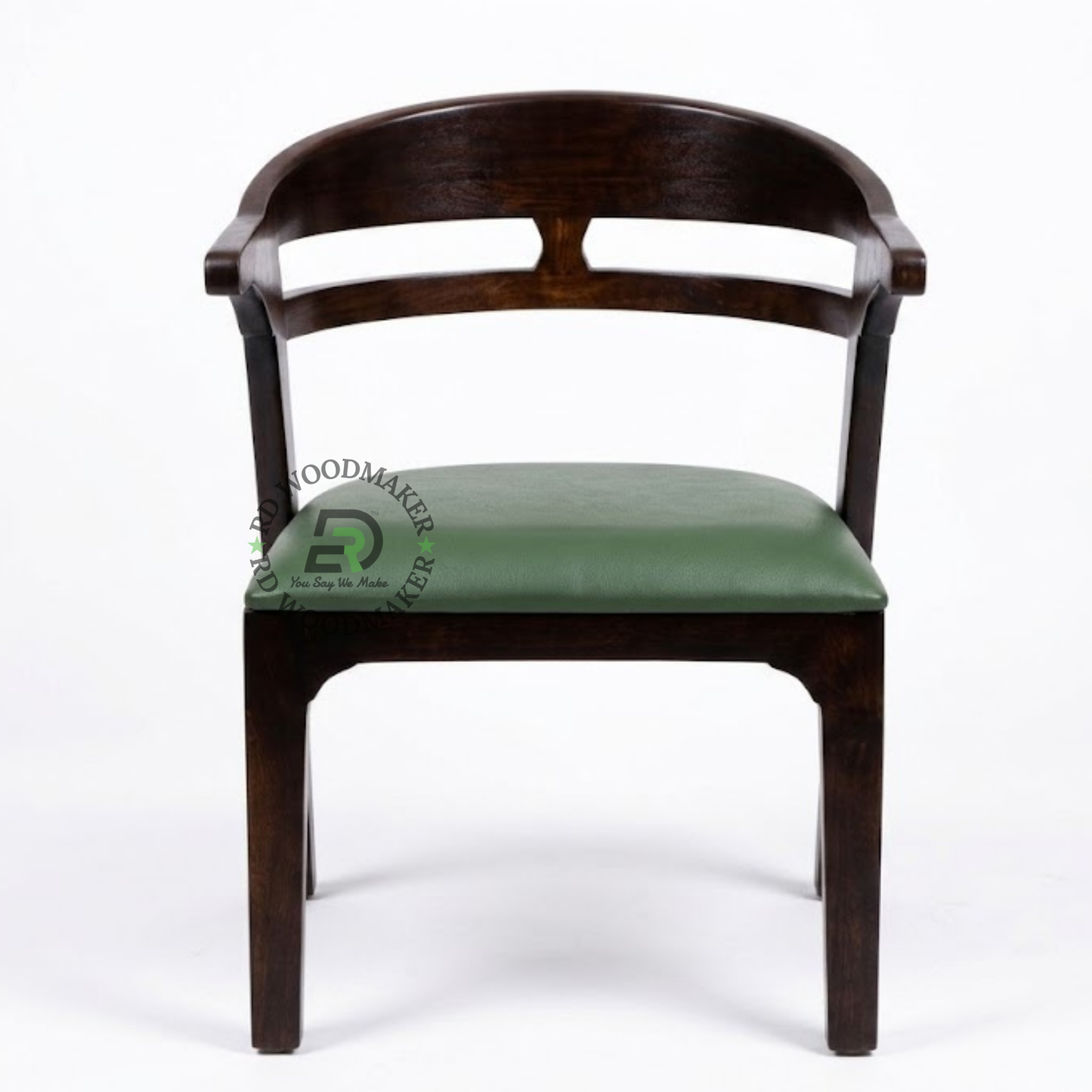 PREMIUM DARK WOOD DINING ARMCHAIR WITH CURVED BACK & GREEN CUSHION