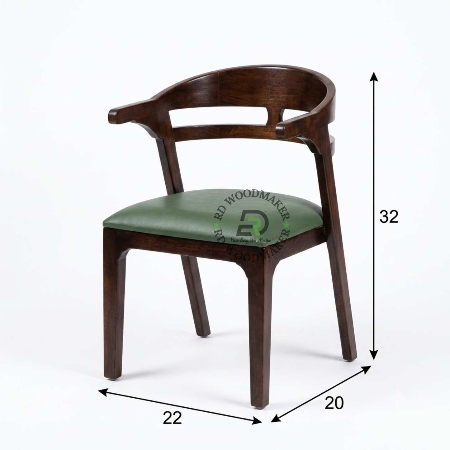 PREMIUM DARK WOOD DINING ARMCHAIR WITH CURVED BACK & GREEN CUSHION