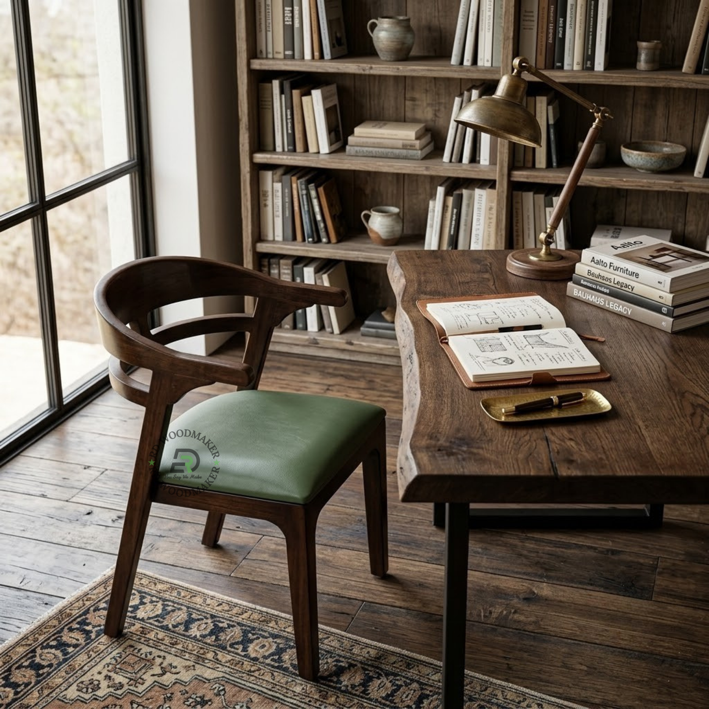 PREMIUM DARK WOOD DINING ARMCHAIR WITH CURVED BACK & GREEN CUSHION