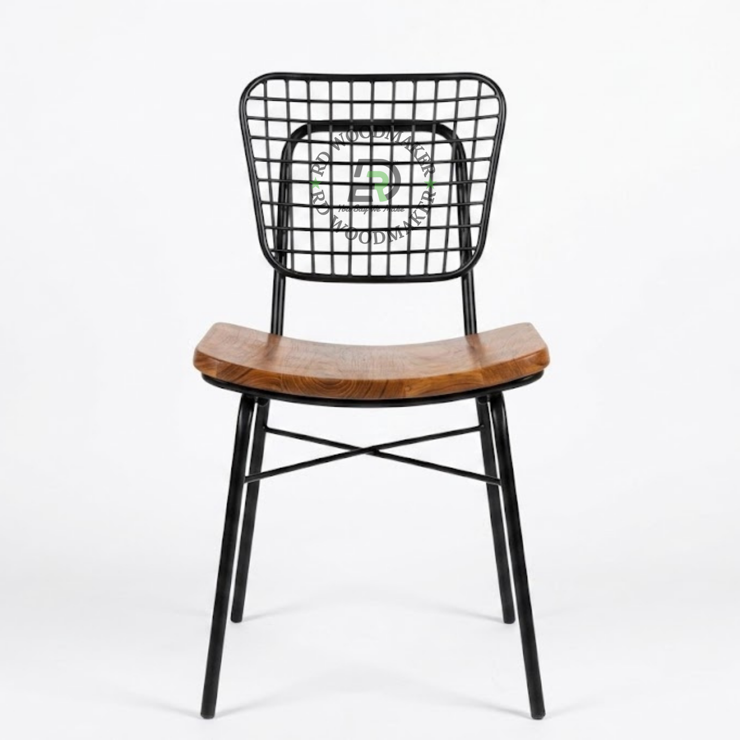 INDUSTRIAL WIRE-GRID DINING CHAIR WITH CURVED WOODEN SEAT