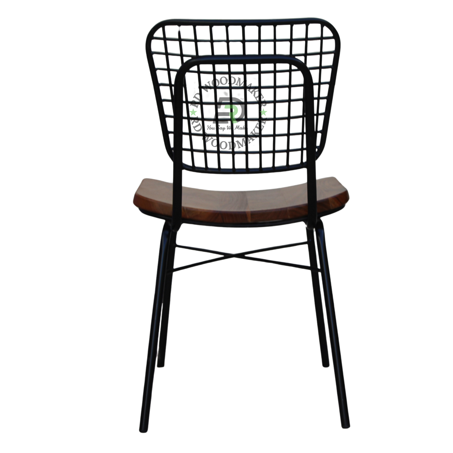 INDUSTRIAL WIRE-GRID DINING CHAIR WITH CURVED WOODEN SEAT
