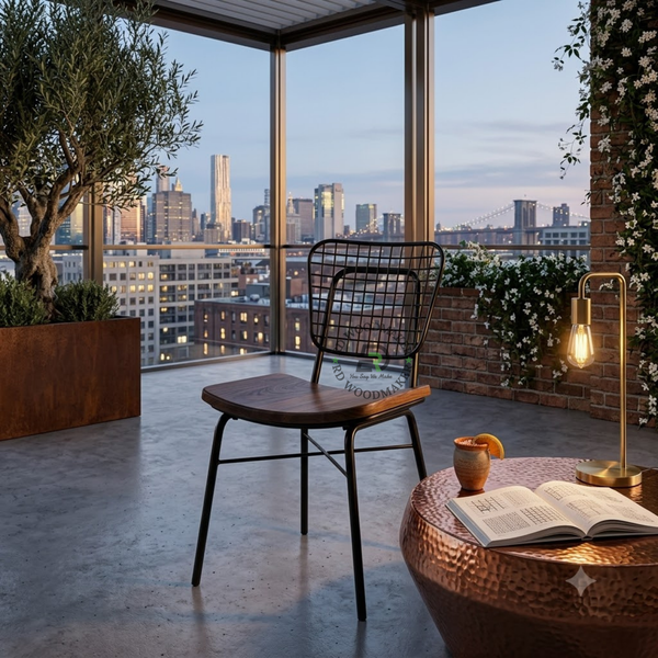 INDUSTRIAL WIRE-GRID DINING CHAIR WITH CURVED WOODEN SEAT