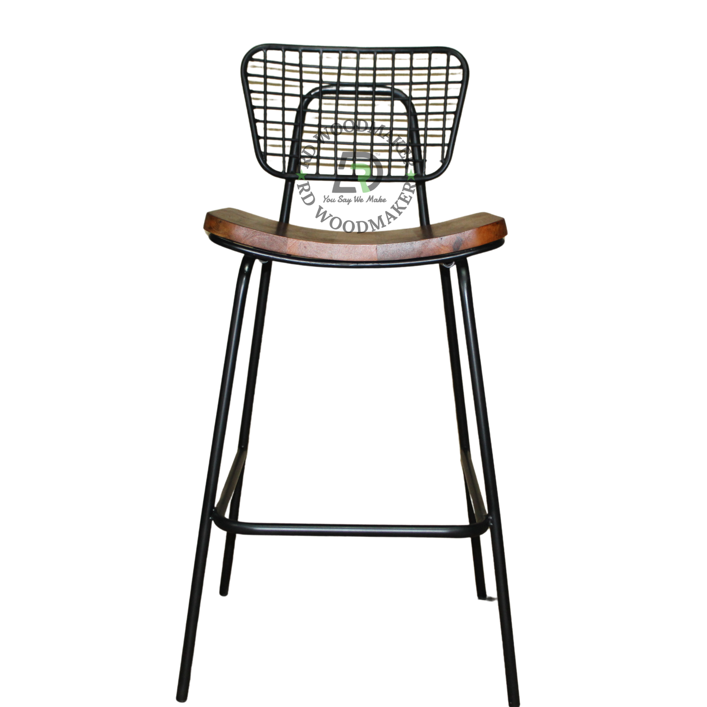 INDUSTRIAL WIRE-GRID COUNTER STOOL WITH WOODEN SEAT & FOOTREST