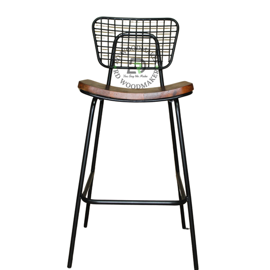 INDUSTRIAL WIRE-GRID COUNTER STOOL WITH WOODEN SEAT & FOOTREST