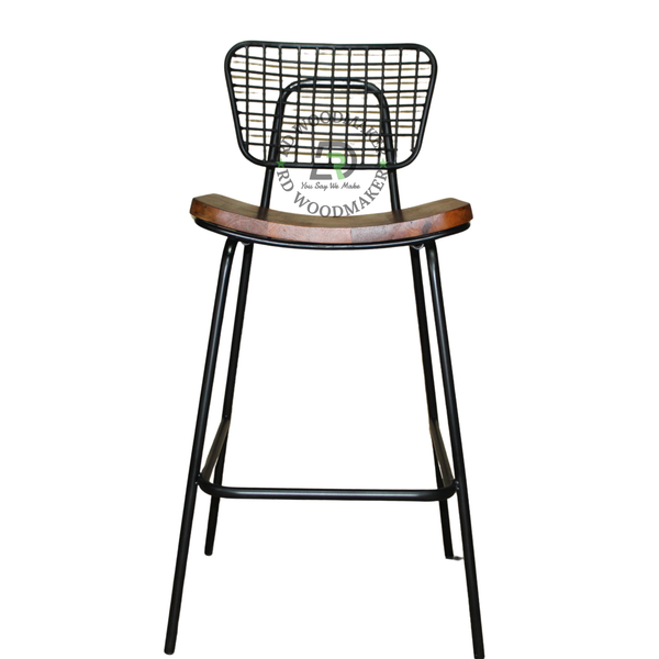 INDUSTRIAL WIRE-GRID COUNTER STOOL WITH WOODEN SEAT & FOOTREST